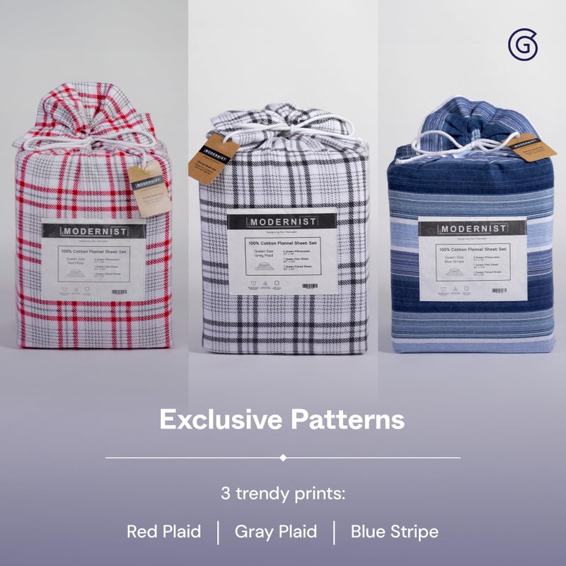 Gravity Modernist Flannel Bed Sheet Set, Full (Grey Plaid) - 100% Cotton Plaid Bedsheets - Includes Deep Pocket Fitted Sheet, Top Sheet & Pillowcases - Lightweight, Ultra-Soft & Machine Washable - Image 4